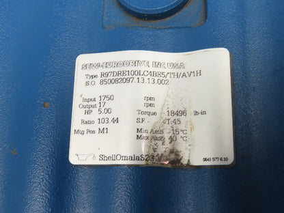 Sew Eurodrive R97DRE100LC4BE5/TH/AV1H Brake Gearmotor 103.4 Ratio 5Hp 17rpm 3PH