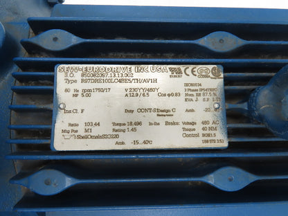 Sew Eurodrive R97DRE100LC4BE5/TH/AV1H Brake Gearmotor 103.4 Ratio 5Hp 17rpm 3PH