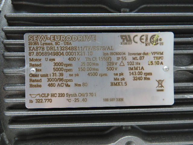 Sew Eurodrive KA87B DRL132S4BE11/TF/ES7S/AL Gearmotor 96-143RPM 329-500V 3PH