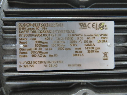 Sew Eurodrive KA87B DRL132S4BE11/TF/ES7S/AL Gearmotor 96-143RPM 329-500V 3PH