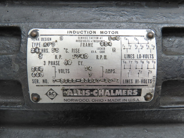 Allis Chalmers APZ Induction AC Motor 5Hp 1740 RPM 230/460V 3PH 254 Frame