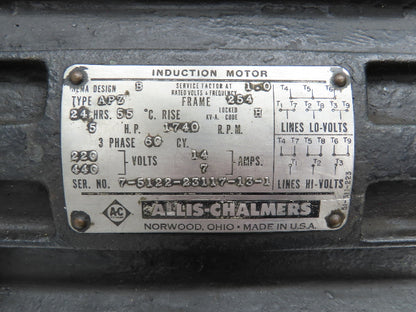 Allis Chalmers APZ Induction AC Motor 5Hp 1740 RPM 230/460V 3PH 254 Frame