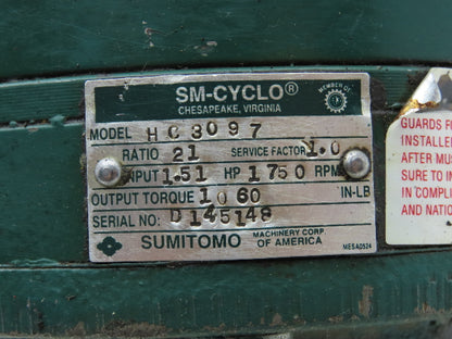 Sumitomo SM-Cyclo HC3097 Inline Gear Drive Reducer 21:1 Gearbox 1.5Hp 83rpm 56C