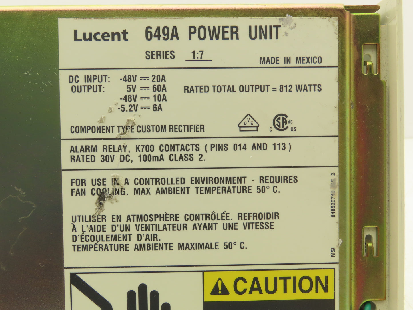 Lucent 649A Power Unit 48VDC Input/812 Watts DC Output Series 1:7 Broken Corner