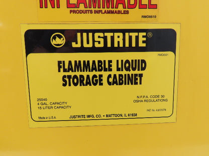 Justrite 25040 Flammable Cabinet 4 Gallon Capacity Yellow Manual Close
