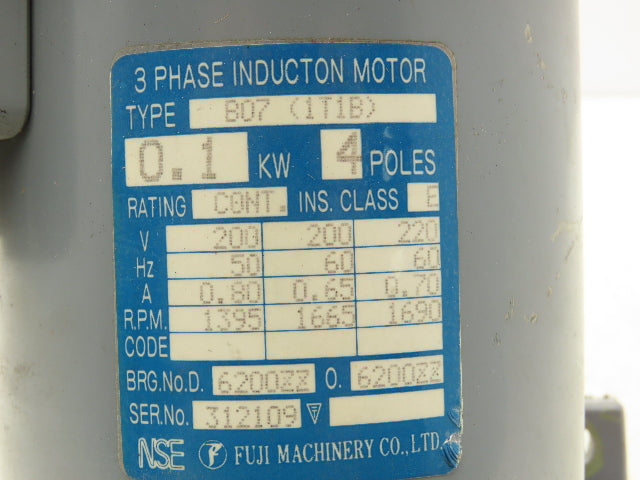 Fuji Modux MGIA-15-OIOTB Gear Motor 15:1 Ratio 0.1kw 200-220V 3PH 112rpm w/Brake