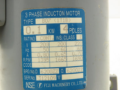 Fuji Modux MGIA-15-OIOTB Gear Motor 15:1 Ratio 0.1kw 200-220V 3PH 112rpm w/Brake