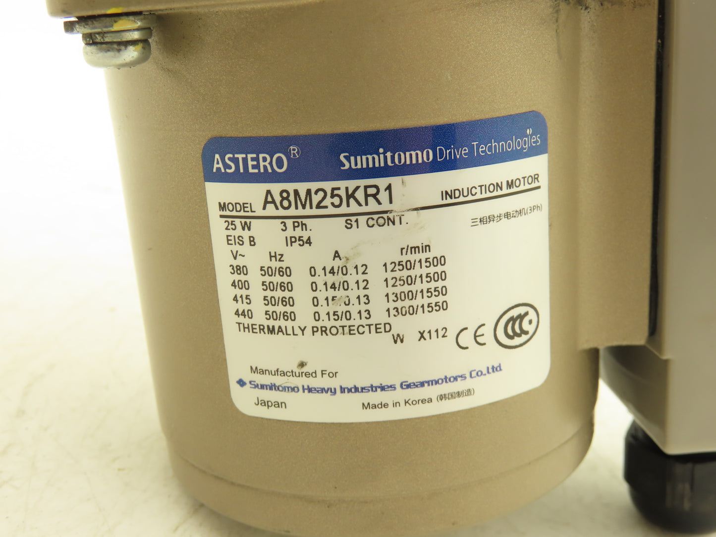 Sumitomo Astero A8M25KR1 Gearmotor 10:1/100:1 Dual Gearbox Reducer 25W 440V 3PH