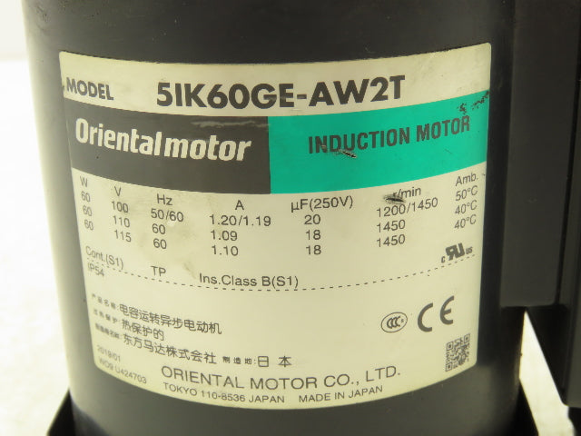 Oriental Motor 5IK60GE-AW2T Induction Motor 60W 1450 RPM 115V 1PH