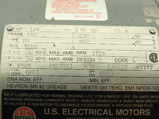 US Motors Type PN AC Motor 1/4Hp 1725 RPM 230/460V 3PH D56 Frame TENV 5/8"Shaft