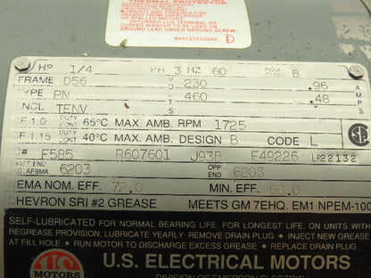 US Motors Type PN AC Motor 1/4Hp 1725 RPM 230/460V 3PH D56 Frame TENV 5/8"Shaft