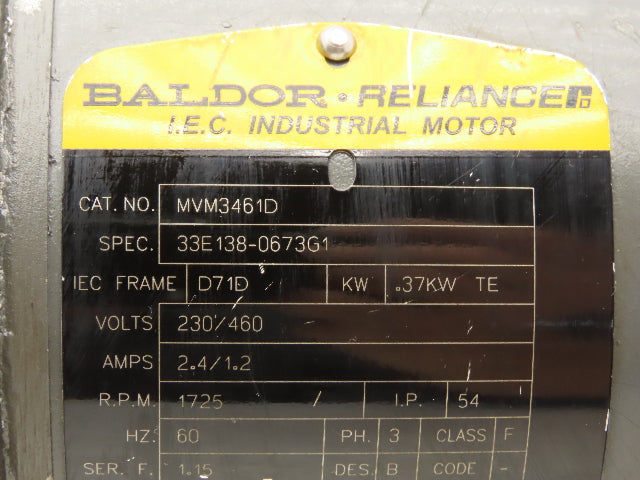 Baldor MVM3461D Metric AC Motor .37kw 1725 RPM 230/460V 3PH IEC D71D Frame