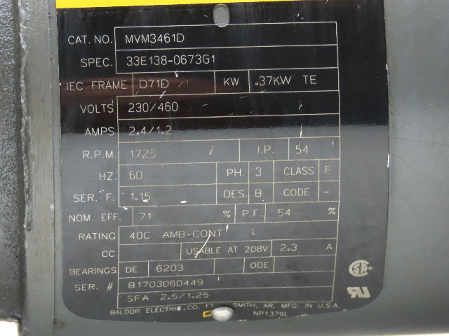 Baldor MVM3461D Metric AC Motor .37kw 1725 RPM 230/460V 3PH IEC D71D Frame