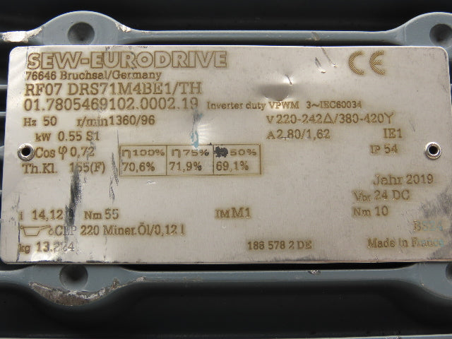 Sew Eurodrive RF07 DRS71M4BE1/TH Brake Gearmotor 14:1-96rpm .5kw 220/420V 3PH