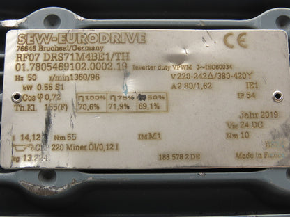 Sew Eurodrive RF07 DRS71M4BE1/TH Brake Gearmotor 14:1-96rpm .5kw 220/420V 3PH