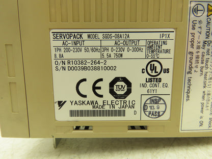Yaskawa SGDS-08A12A AC Motor Drive 1PH 230V 8.8A In 3PH 0-230V 0-300Hz 750W Out