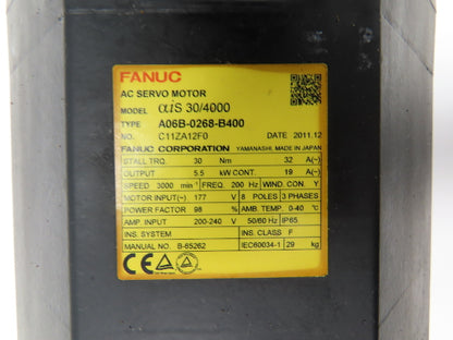 Fanuc A06B-0268-B400 AC Servo Motor 5.5 kW 177V 3Ph 3000RPM Encoder A8602000T301