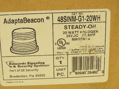 Edwards 48SINM-G1-20WH AdaptaBeacon Halogen Light Magenta Purple Steady On 24VDC