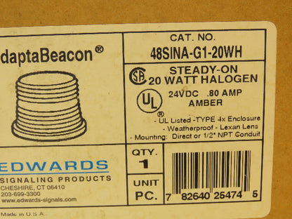 Edwards 48SINA-G1-20WH AdaptaBeacon Halogen Light Amber Orange Steady On 24VDC