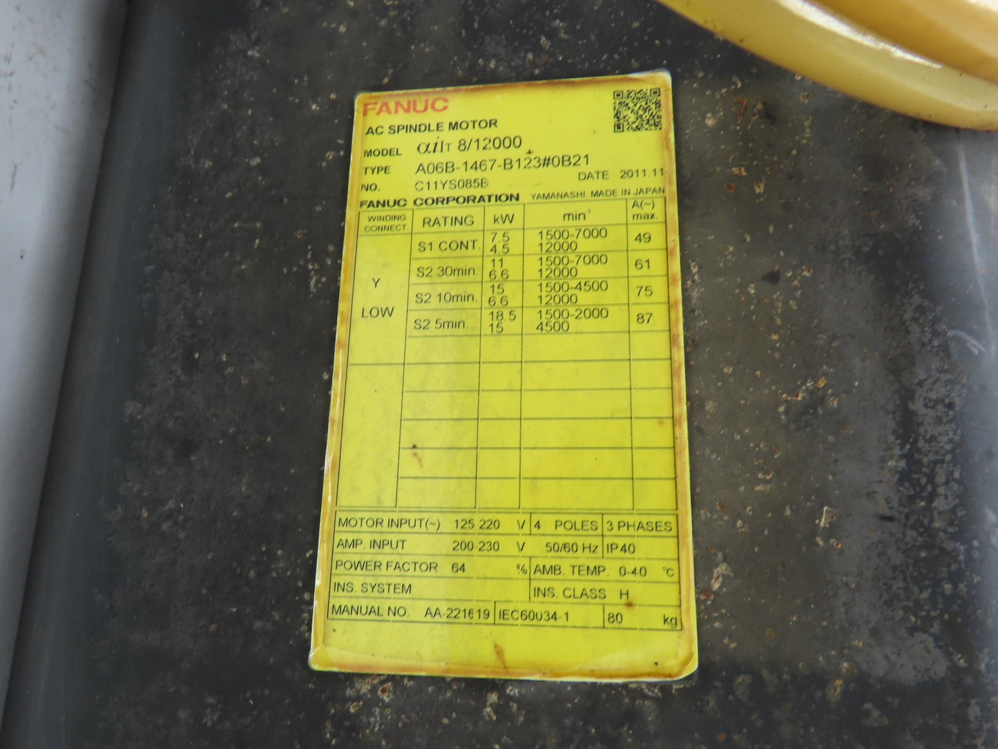 Fanuc A06b-1467-B123#0B21 AC Spindle Motor 7.5Hp 7000rpm 125-220v 3ph