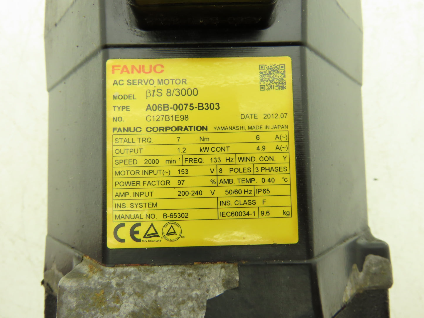 Fanuc A06B-0075-B303 AC Servo Motor 1.2kw 153V 2000rpm