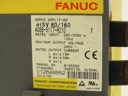 Fanuc A06B-6117-H210 Servo Drive Amplifier Module 13kW 240V aiSV 80/160 Rev F
