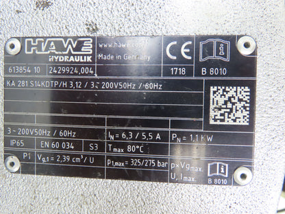 Hawe KA281S14KDTP/H Hydraulic Power Unit Pack 325bar 1.1kw 3.9L Tank 200V 3Ph