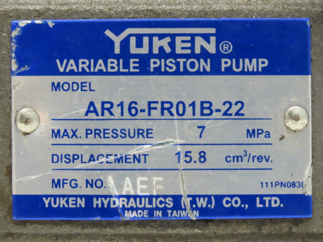 Yuken AR16-FR01B-22 Hydraulic Variable Piston Pump 7gpm 170-1020psi 15.8 cm³/rev