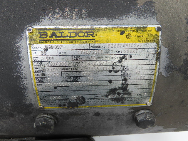 Baldor D5030P DC Motor 30Hp 1750/2300 RPM 150/300FV 500 Arm Volts 288AT Frame