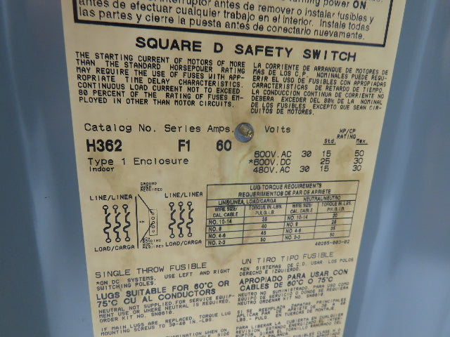 Square D H362 Heavy Duty Fused Safety Disconnect Switch 60A 600VAC Series F1