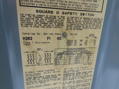 Square D H362 Heavy Duty Fused Safety Disconnect Switch 60A 600VAC Series F1
