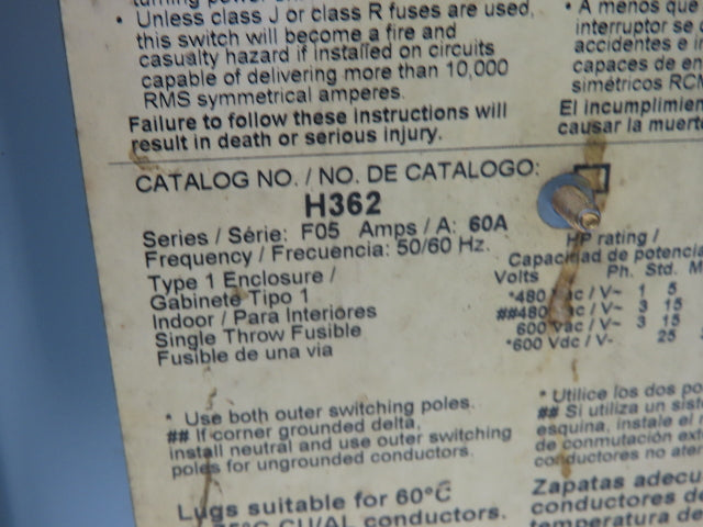 Square D H362 Heavy Duty Fused Safety Disconnect Switch 60A 600VAC Series F05