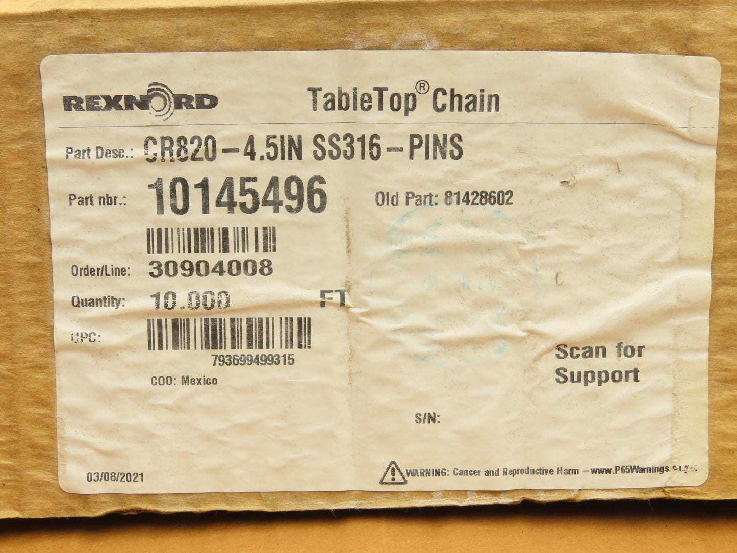 Rexnord CR820-4.5 TableTop Conveyor Chain 4.5"x 10Ft Straight Running Gray