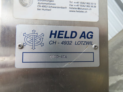 Helatec Held AG Stainless Incline Feed Conveyor 300mm Cleated Belt 64"L 230V 1PH