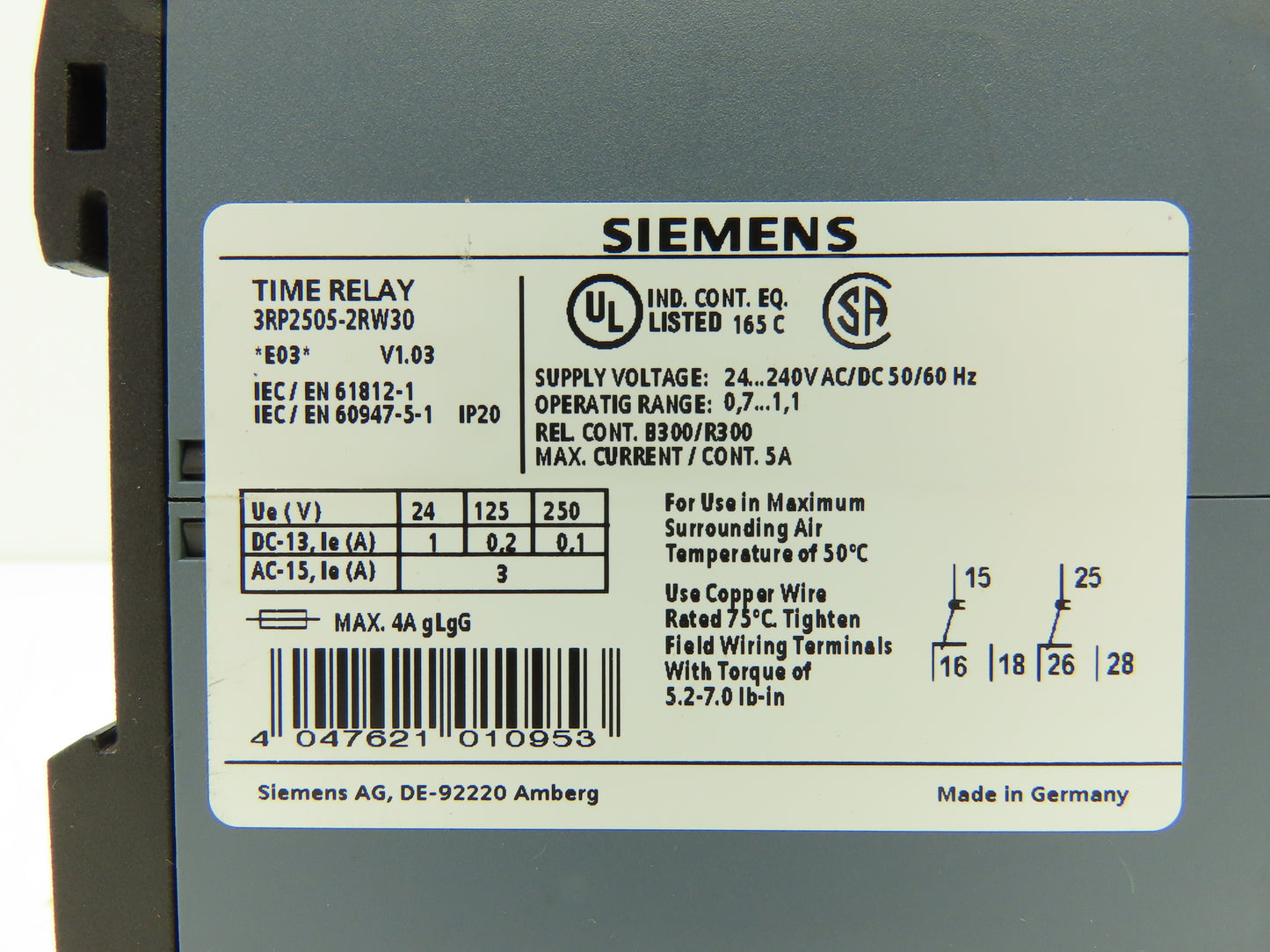 Siemens 3RP25052RW30 Sirius 7-Range Time Delay Relay 24-240V AC/DC 50/60Hz 5A