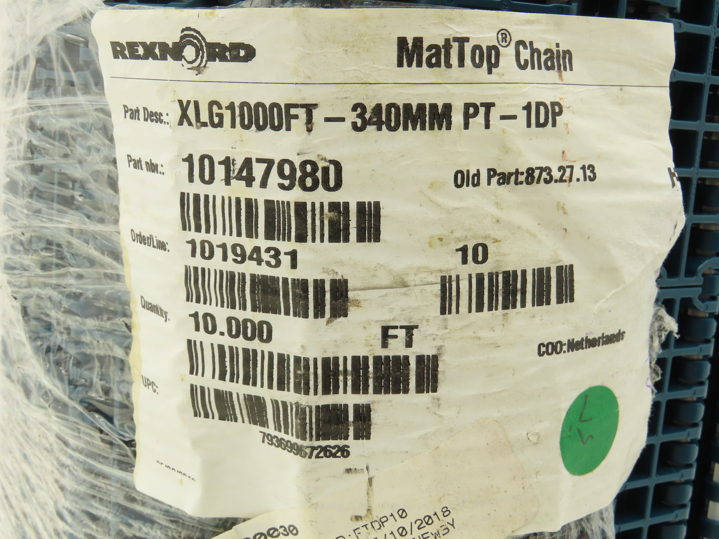 Rexnord XLG1000FT-340mm PT-1DP MatTop Plastic Conveyor Belt Chain 10'L Green