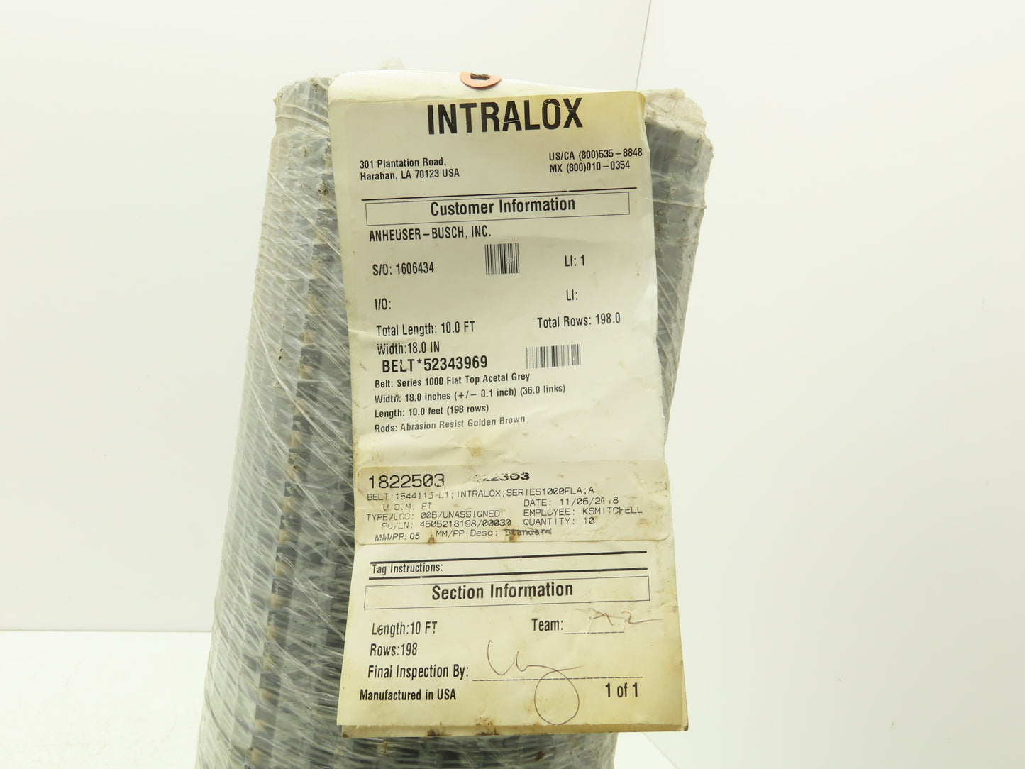 Intralox 1000 Series Flat MatTop Plastic Conveyor Belt Chain 18"W x 10'L Gray