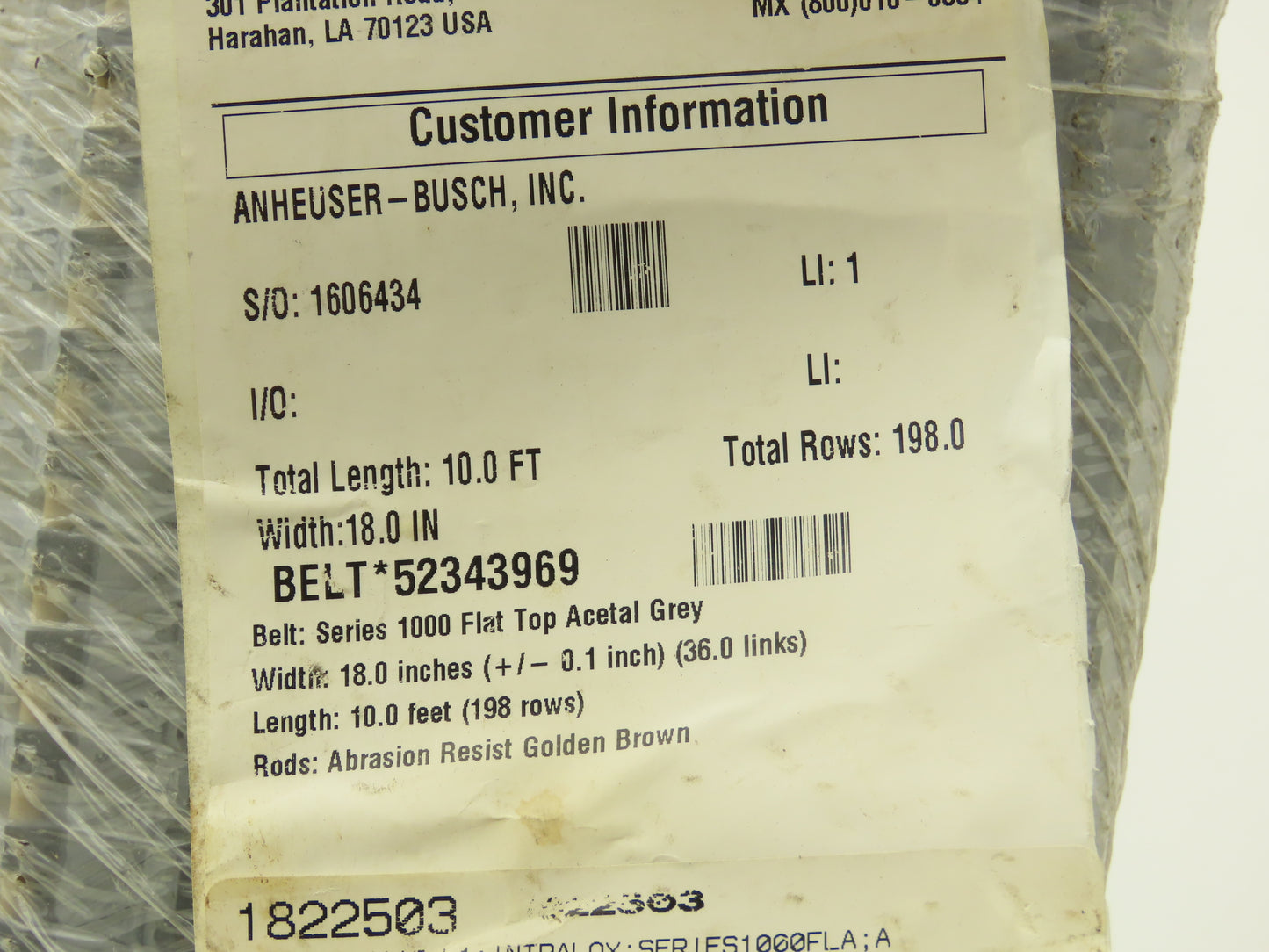 Intralox 1000 Series Flat MatTop Plastic Conveyor Belt Chain 18"W x 10'L Gray