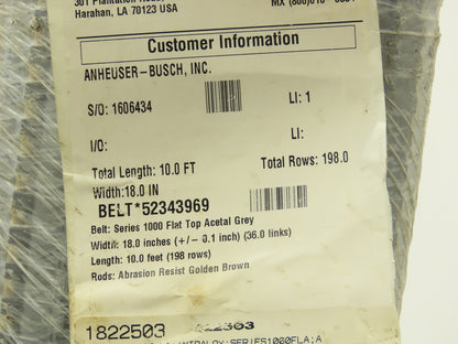 Intralox 1000 Series Flat MatTop Plastic Conveyor Belt Chain 18"W x 10'L Gray