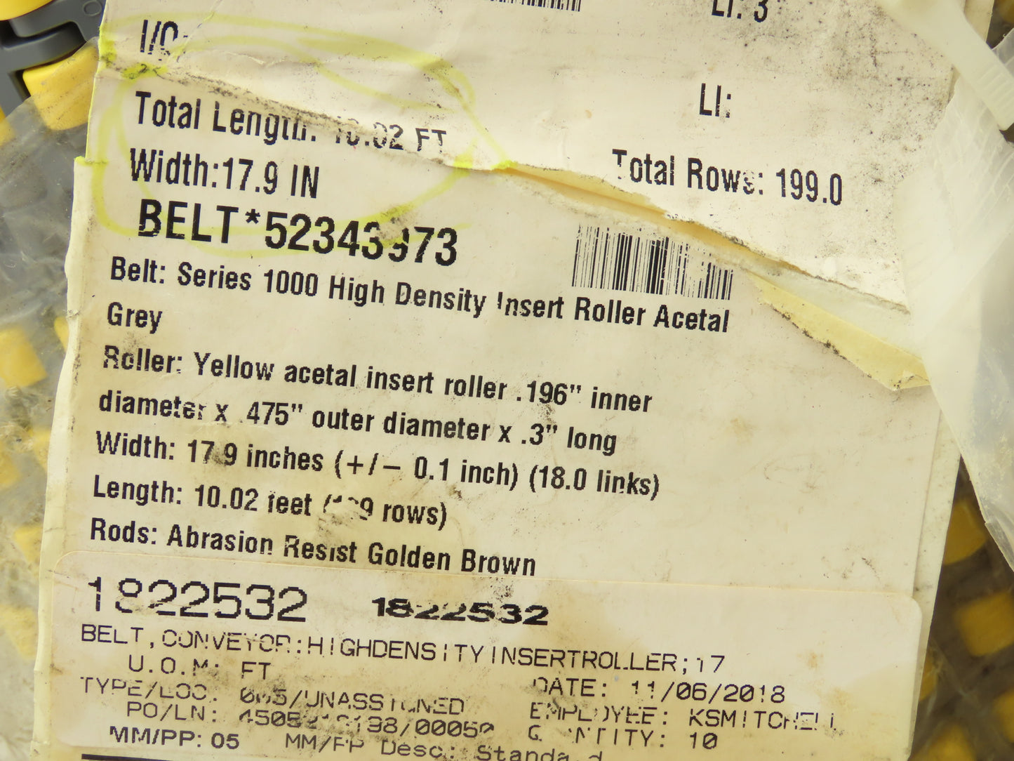 Intralox 1000 Series HDR Insert Roller Top Plastic Conveyor Belt Chain 18"x 10'L