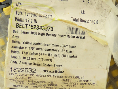 Intralox 1000 Series HDR Insert Roller Top Plastic Conveyor Belt Chain 18"x 10'L