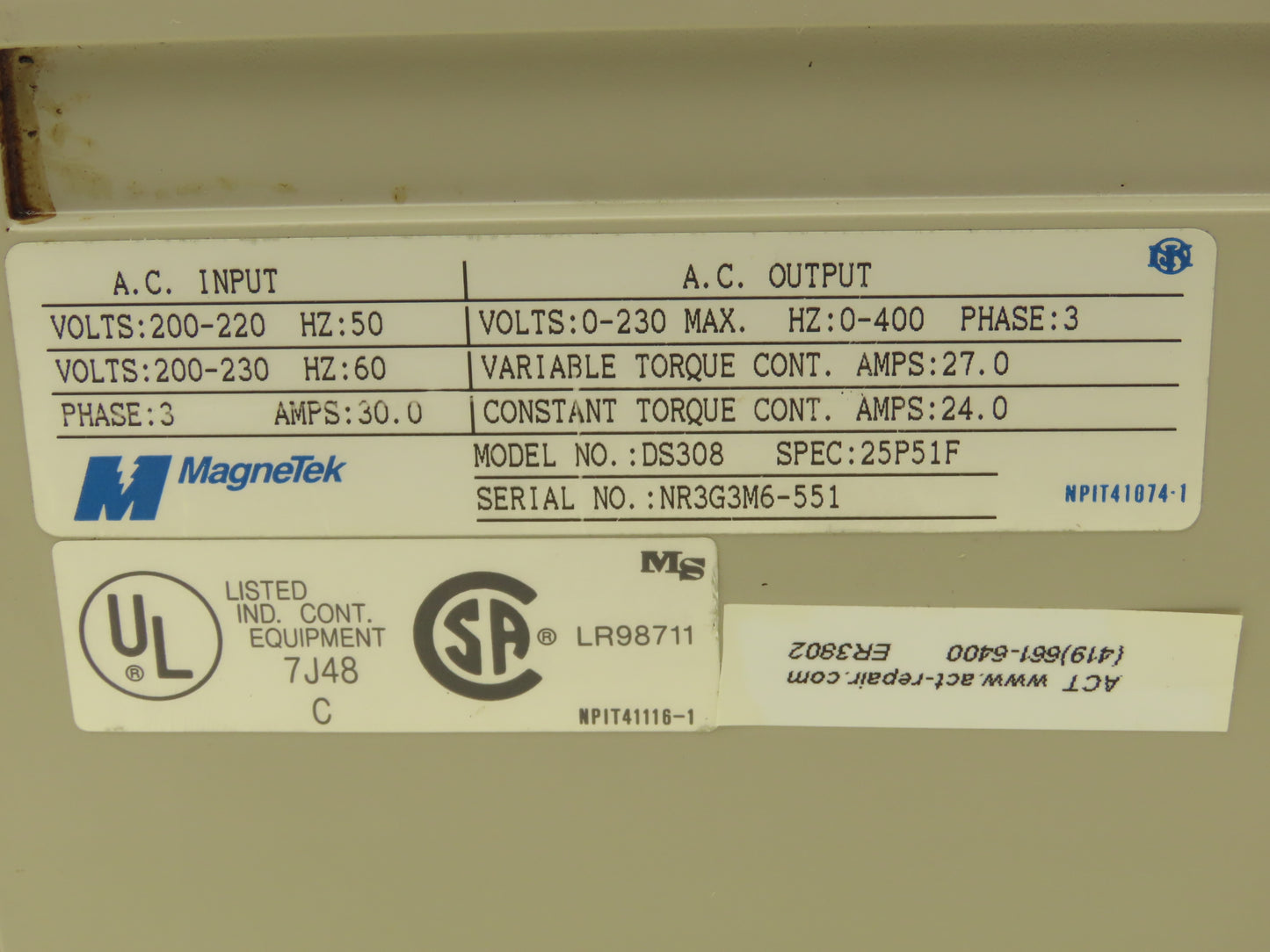 Magnetek DS308 VFD Haas Spindle AC Servo Drive 10Hp 230VAC 3Ph Spec 25P51F