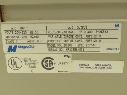 Magnetek DS308 VFD Haas Spindle AC Servo Drive 10Hp 230VAC 3Ph Spec 25P51F