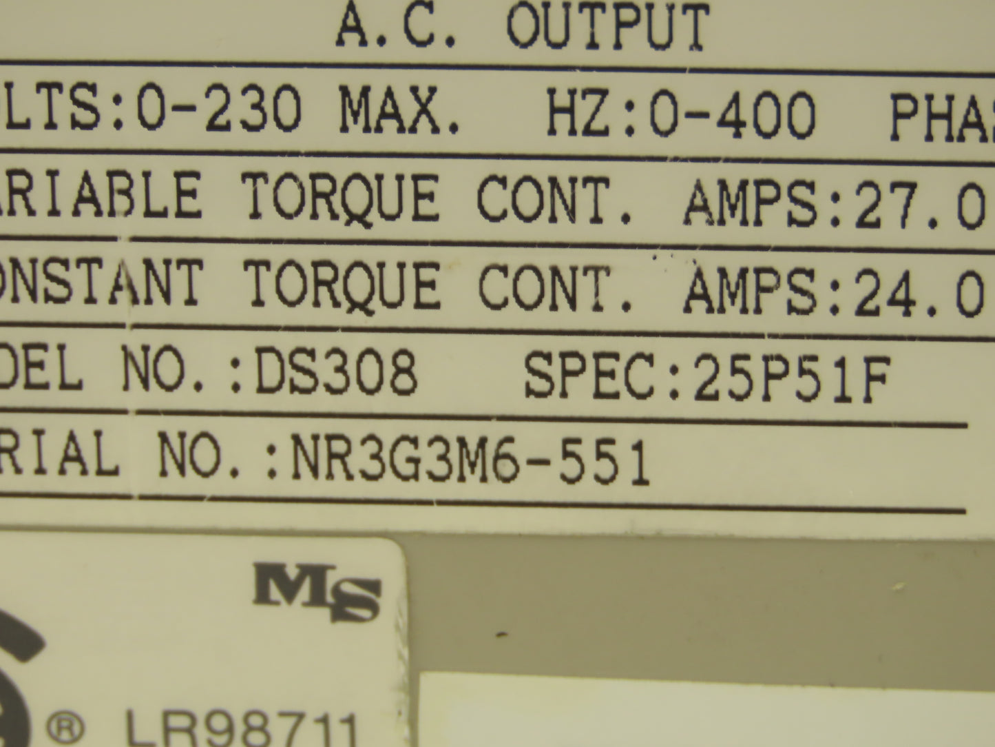 Magnetek DS308 VFD Haas Spindle AC Servo Drive 10Hp 230VAC 3Ph Spec 25P51F