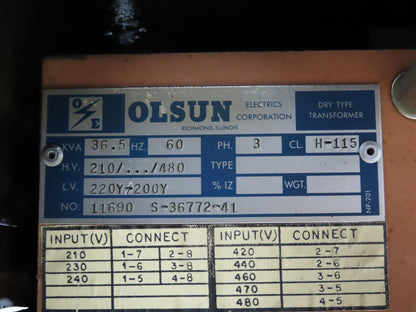 Olson 11690 Stepdown Power Transformer 36.5kva 3Ph HV 210-480 LV 220Y