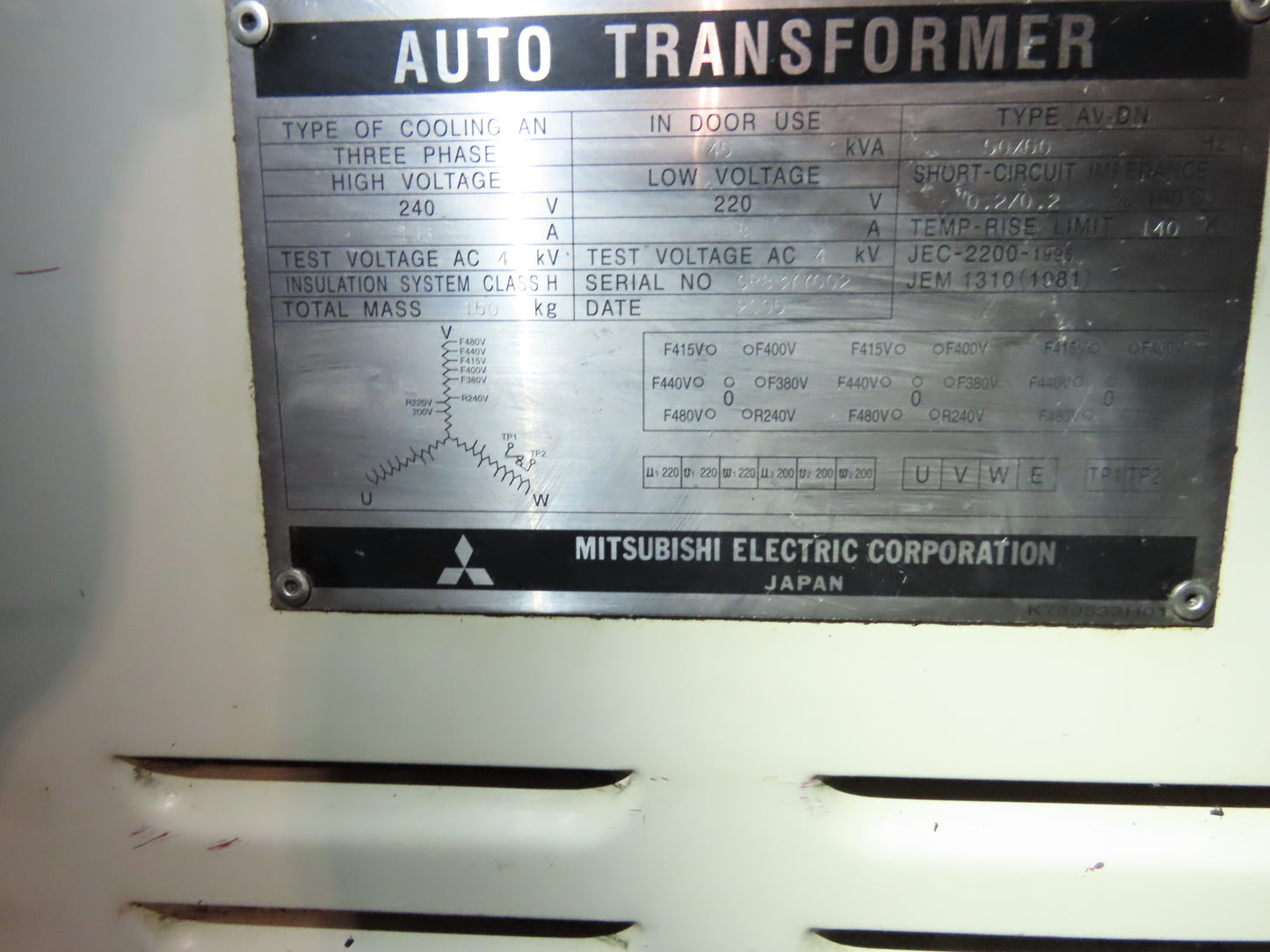 Mitsubishi Power Transformer 45KVA 3PH HV 240/380/400/415/440/480 LV 220V Okuma