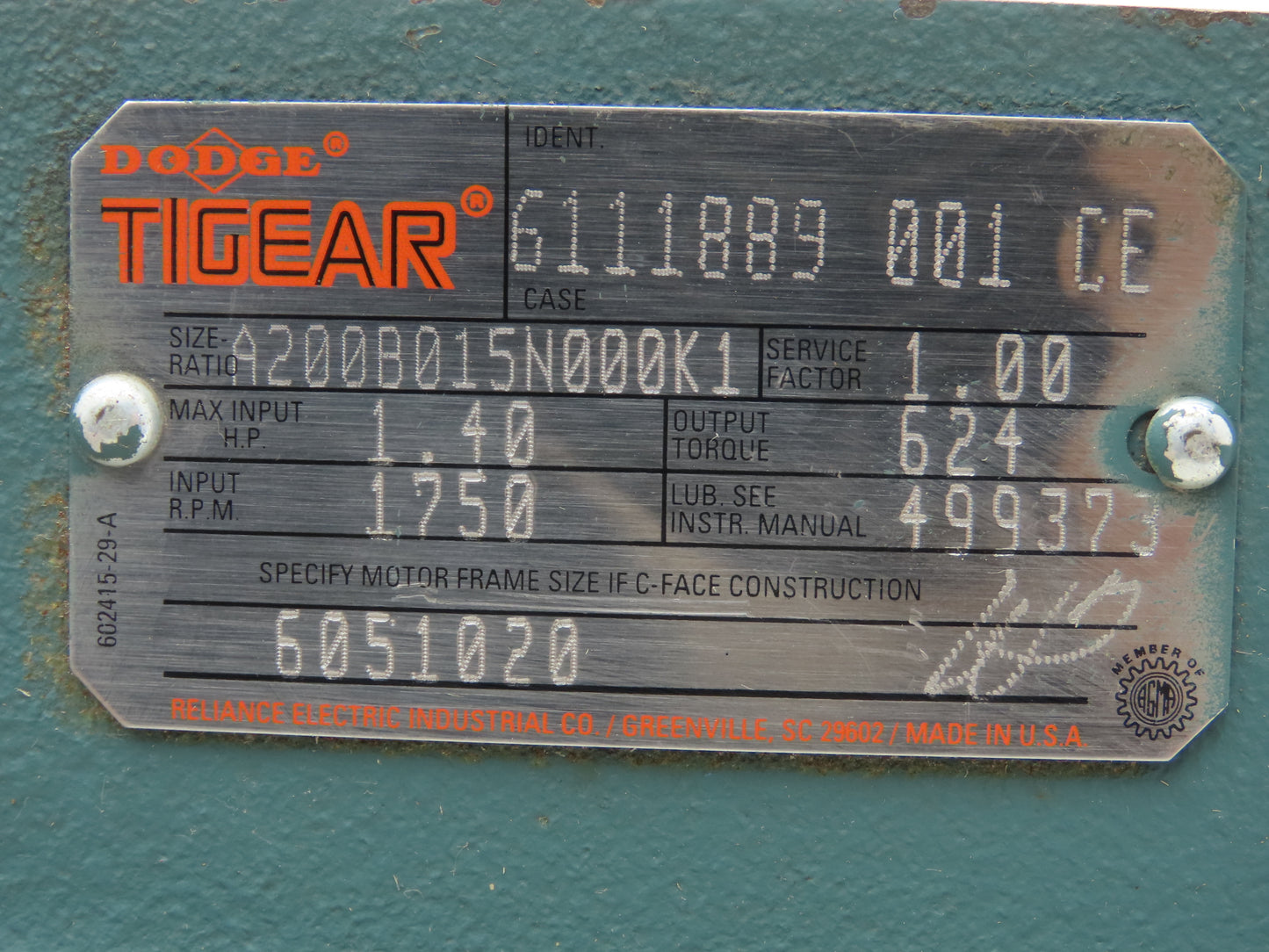 Dodge Tigear A200B015N000K1 Worm Gearbox 15:1 Reducer 1.4Hp 117rpm 140TC LH