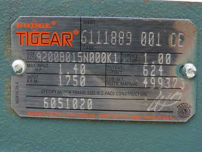 Dodge Tigear A200B015N000K1 Worm Gearbox 15:1 Reducer 1.4Hp 117rpm 140TC LH