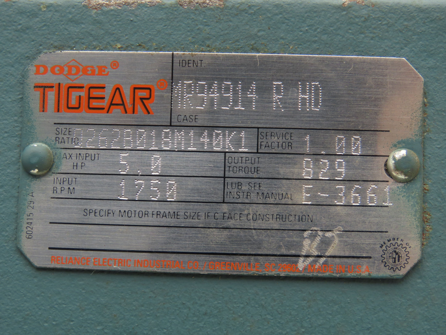 Dodge Tigear Q262B018M140K1 Worm Gearbox 18:1 Reducer 5Hp 97rpm 140TC LH Output