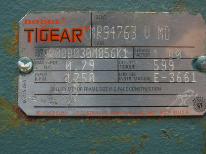 Dodge Tigear Q200B030M056K1 Worm Gearbox 30:1 Reducer 0.79Hp 58rpm 56C LH Output